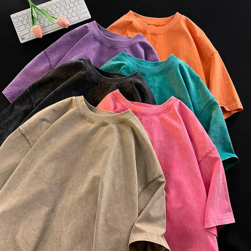 Solid color mens wash T-shirt short sleeved loose unisex top summer Y2k Harajuku streetwear T-shirt O-neck fashionable mens clothing 250427BJ