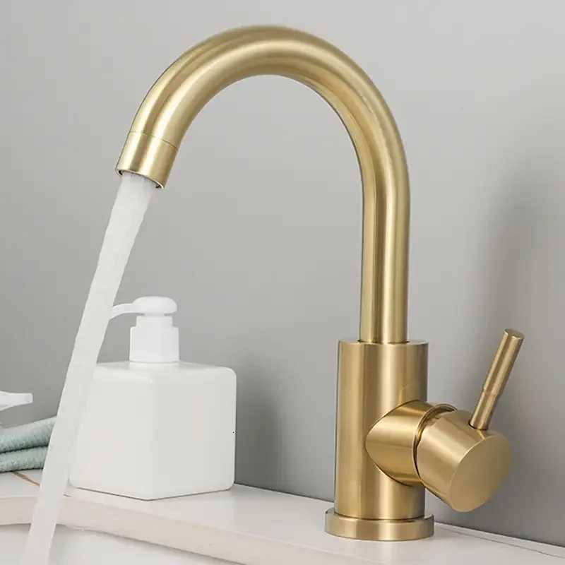 Stainless Steel WashBasin Sink Faucet Deck Mounted Single Handle Bathroom Faucets Golden Brushed Household Cold Hot Mixer Taps M251129-image-1086590205