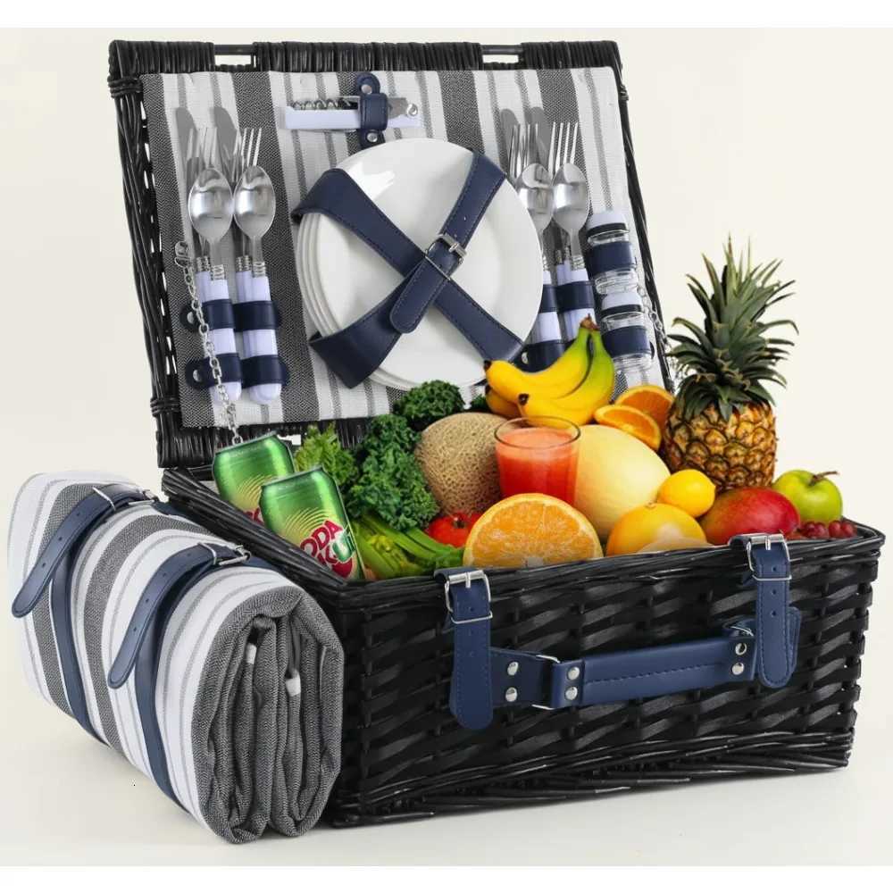 Vintage Wicker Picnic Basket Set for 4 with Insated Cooler Waterproof Blanket - Perfect Camping Beach Wedding Gift Y251129