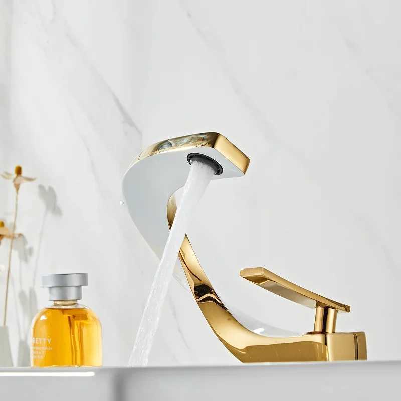 Bathroom Faucet Brass Gold White Bathroom Basin Faucet Cold Hot Water Mixer Sink Tap Deck Mounted White Rose Gold Tap M251129-image-1086592124