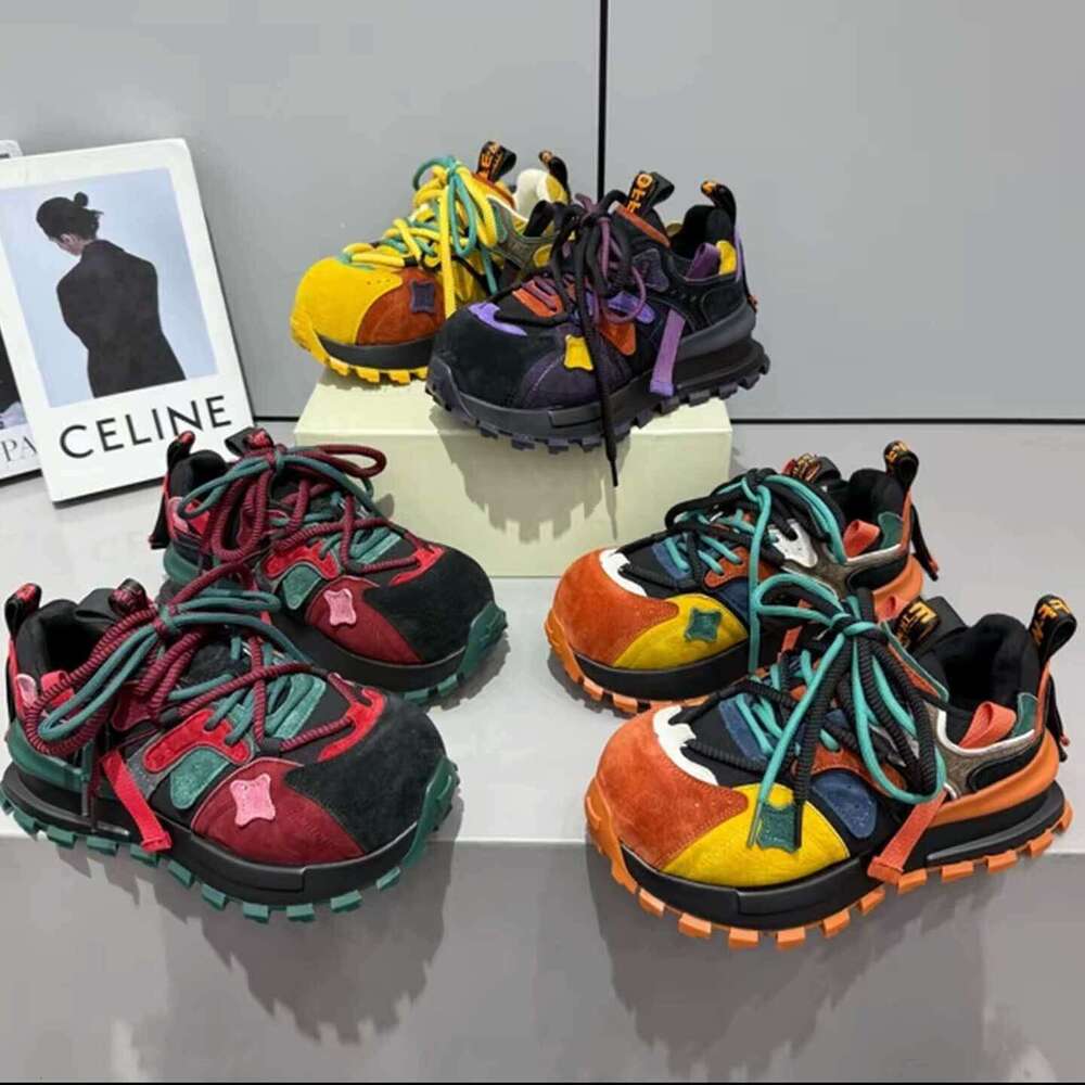 Thick-Soled Color-Block Casual 2025 Autumn Winter Free shipping Retro Versatile Sneakers Ins Trend Ugly-Cute Big-Toe Shoes