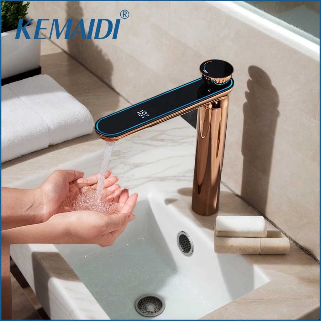 KEMAIDI Digital Display Bathroom Faucet Rose Gold Brass Washbasin Tap Cold Hot Water Mixer High Short Size Mixer Taps 6 Color M251129-image-1086590001