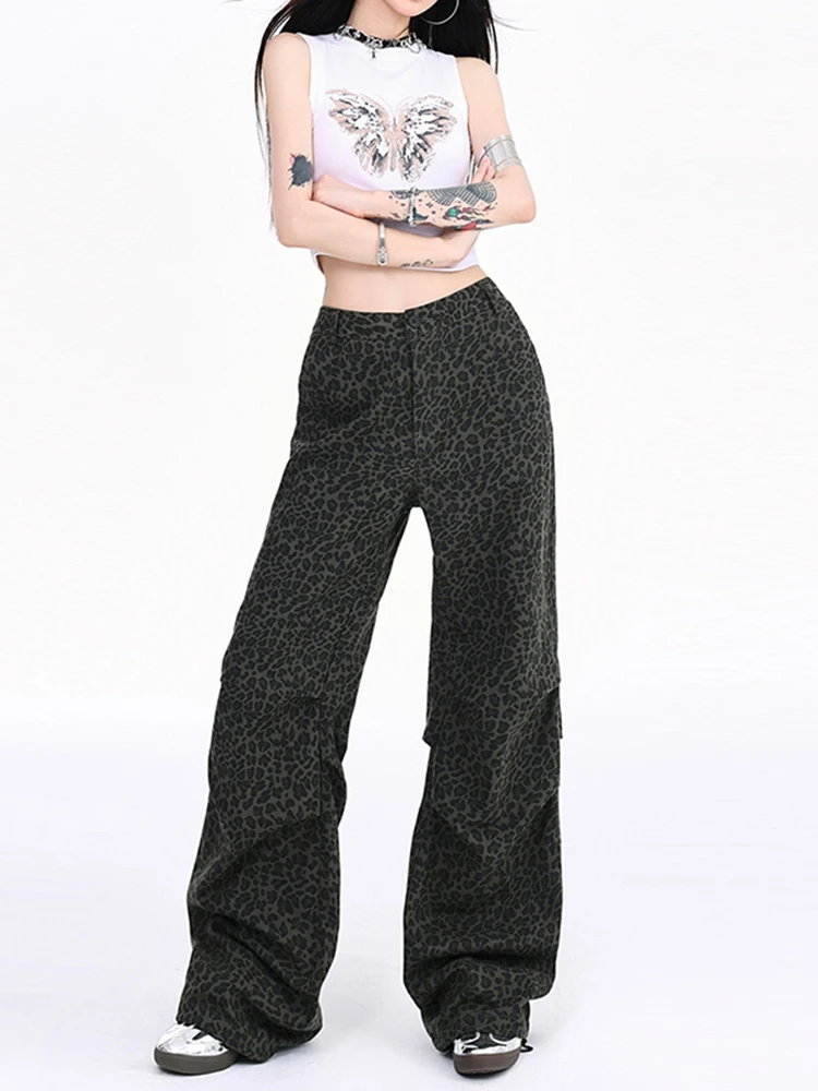 Women's Leopard Print Cargo Jeans Y2K High Street American Fashion Straight Leg Wide Drawstring Hem Pleated Pocket Casual Pants