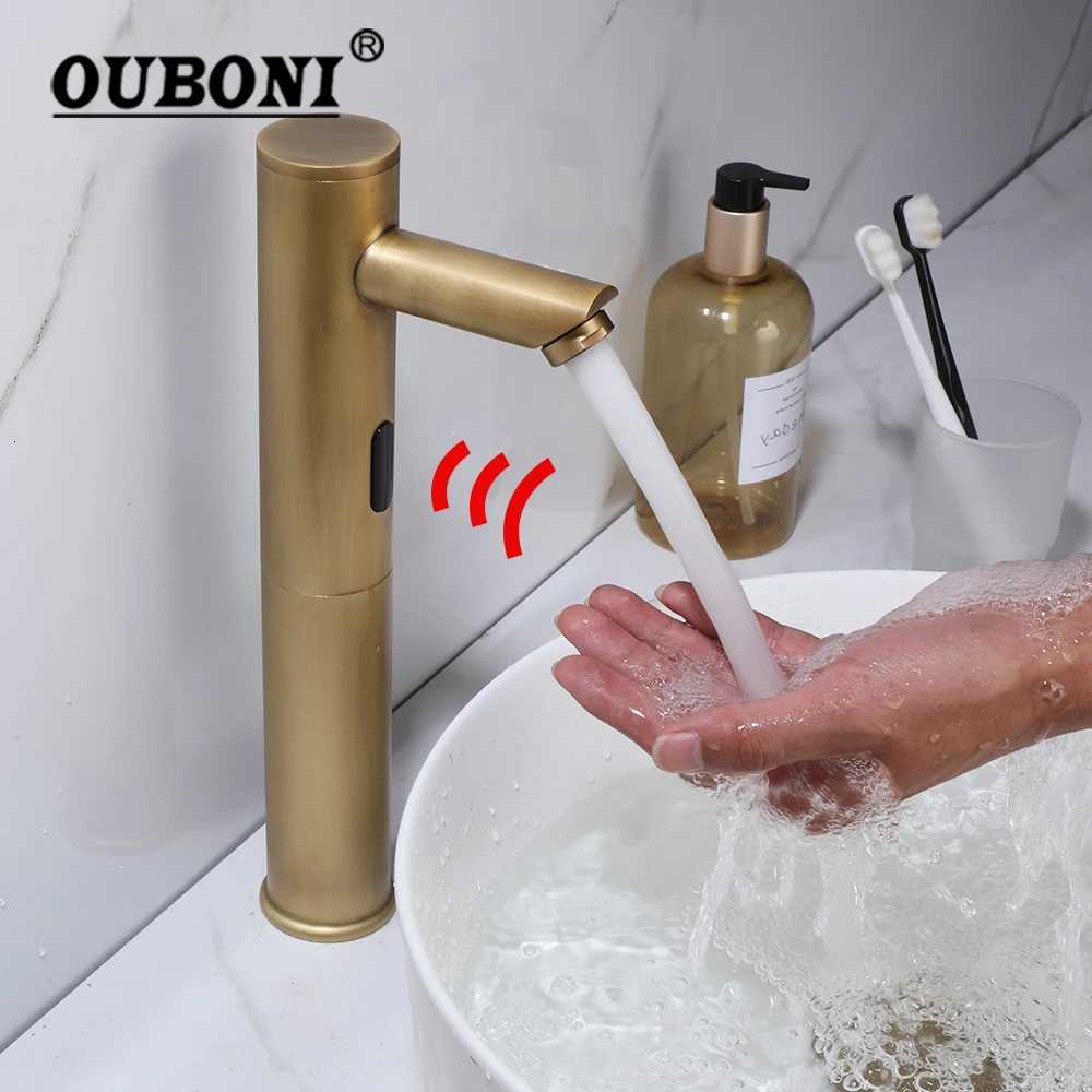 OUBONI Sensor Bathroom Basin Faucet Antique Brass Automatic Inductive Faucets Touchless Solid Brass Hot Cold Mixer Taps M251129-image-1086592063
