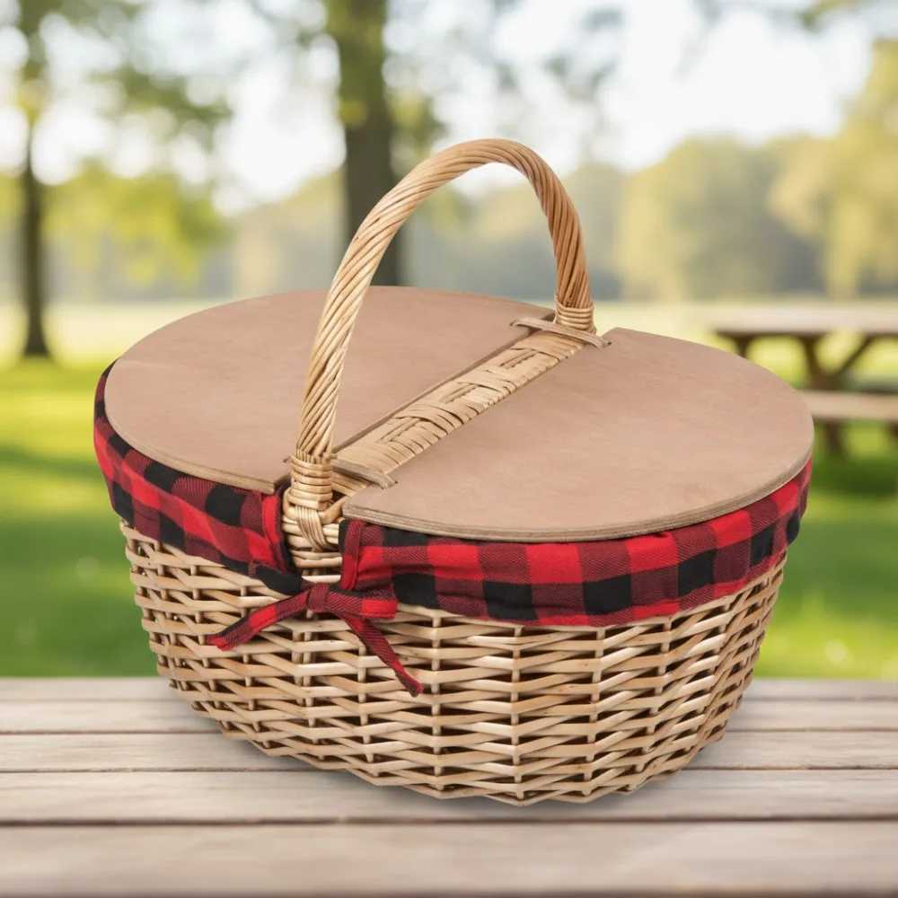 Panier de pique-nique en osier vintage avec couvercle fendu, doublure amovible, motif à carreaux rouge et noir pour les couples en plein air Y251