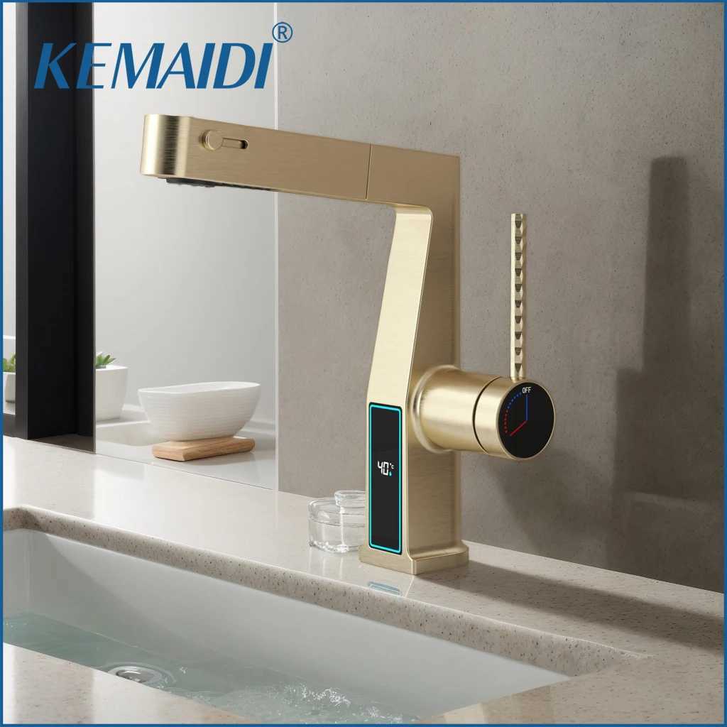 KEMAIDI Brushed Gold Bathroom Faucet with Digital Display Pull-Out 3-Function Sprayer Single Handle Mixer Tap for Vessel Sink M251129-image-1086591101