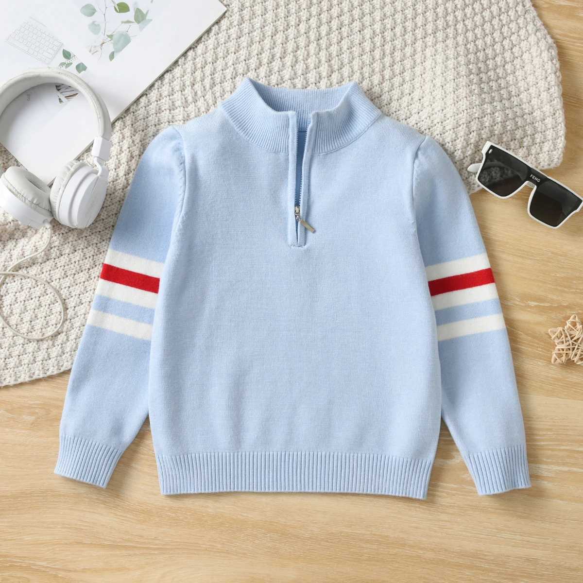 Boys college style contrasting striped half zip stand up collar sweater pullover suitable for school in spring autumn and win C251129-image-1086588117