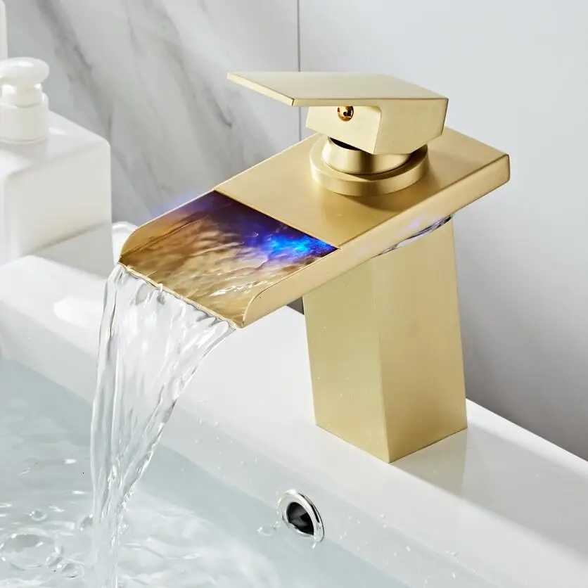 Brushed Gold LED Basin Faucet Waterfall Sink Taps Color Changing Temperature Bathroom Mixer Brass Cold Hot Tap M251129-image-1086590316