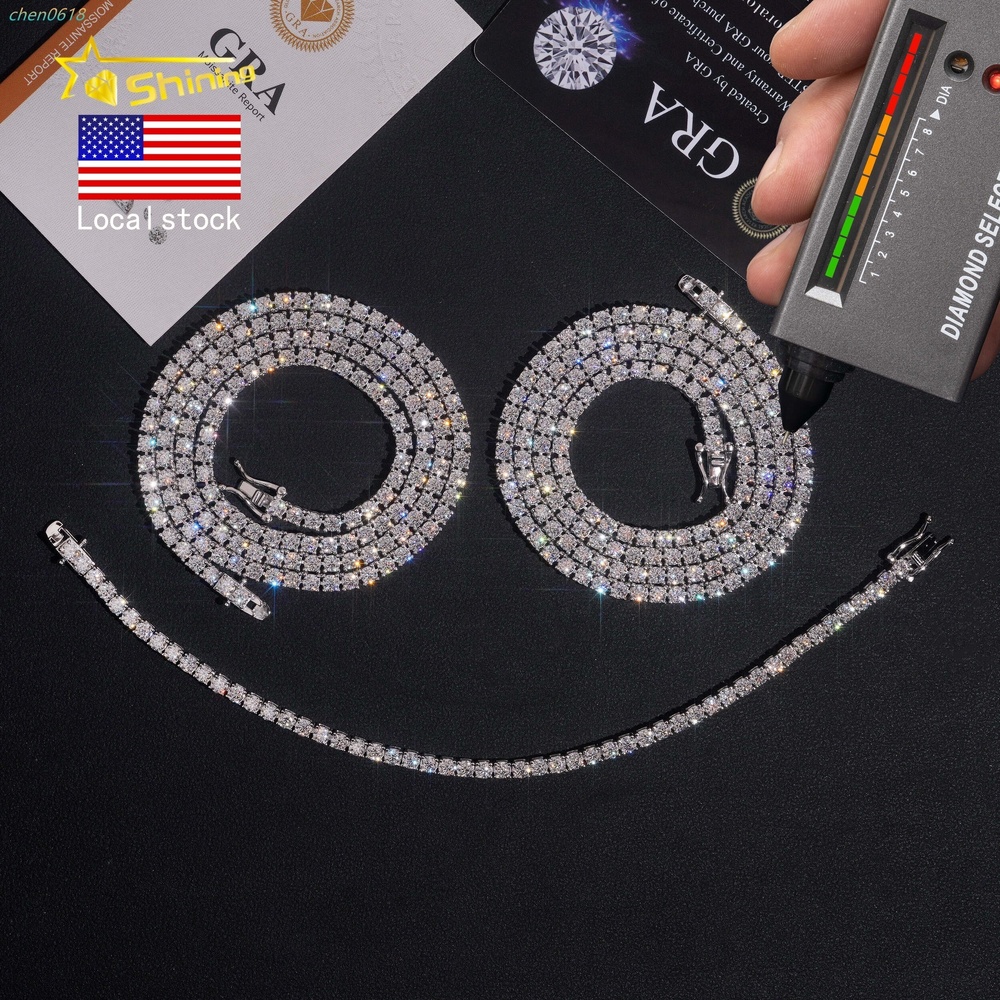 USA Warehouse Large Stock GRA Cert 3MM 925 Solid Silver Hip Hop Iced Out VVS Moissanite Diamond Tennis Chain Bracelet Necklace