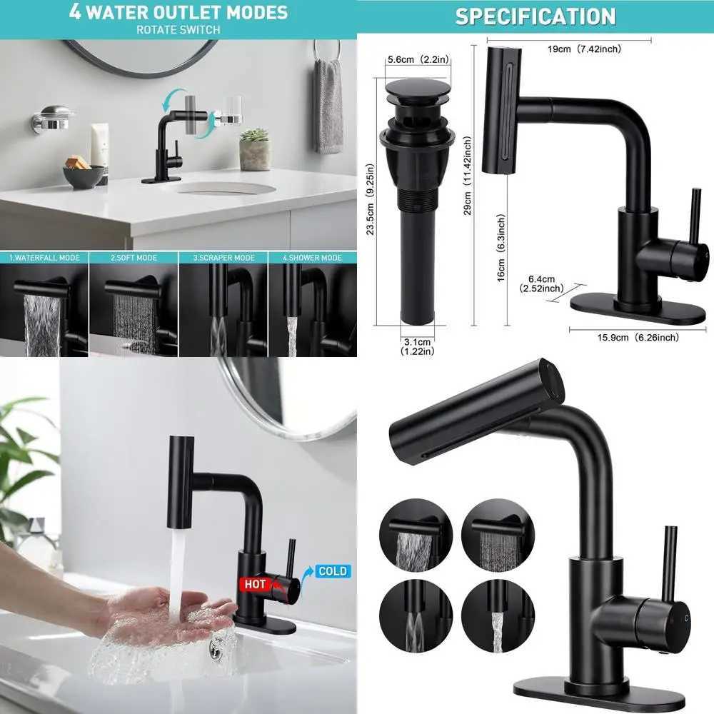 4-Mode Pull-Down Spray Matte Black Single Handle Faucet with Up Drain for Bathroom Sink and Laundry Basin M251129-image-1086591846