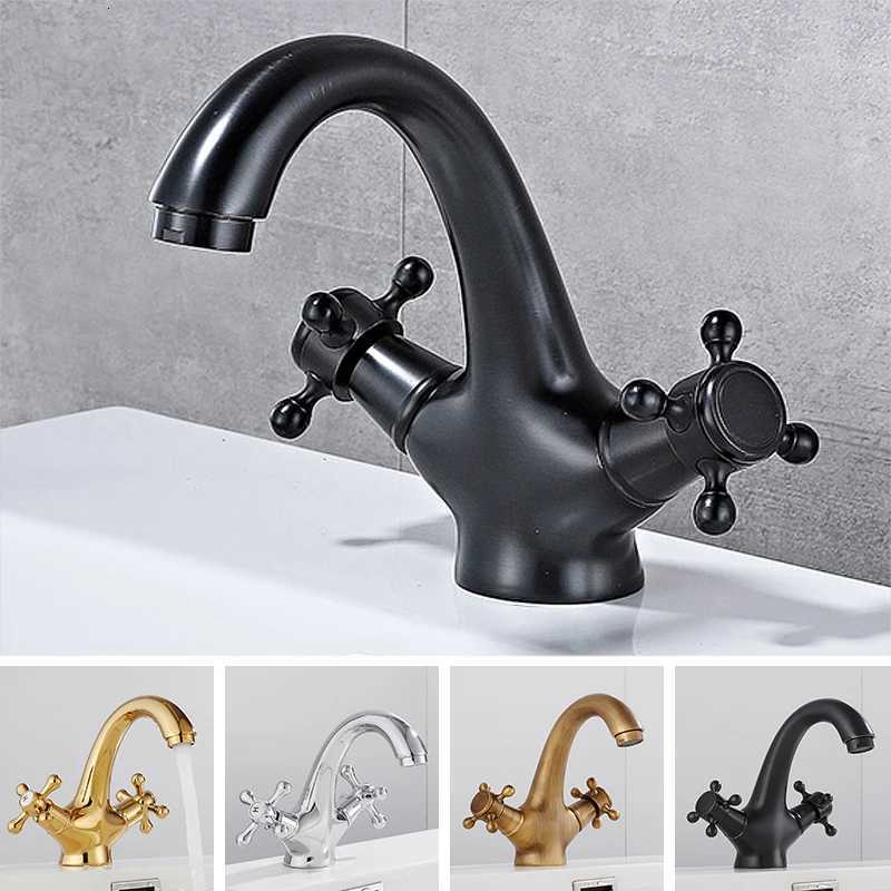 Antique Faucet Hot and Cold Water Crane Bronze Brushed Sink Faucet Black Bathroom Swan Vintage Basin Sink Mixer Crane 7422 M251129-image-1086591018
