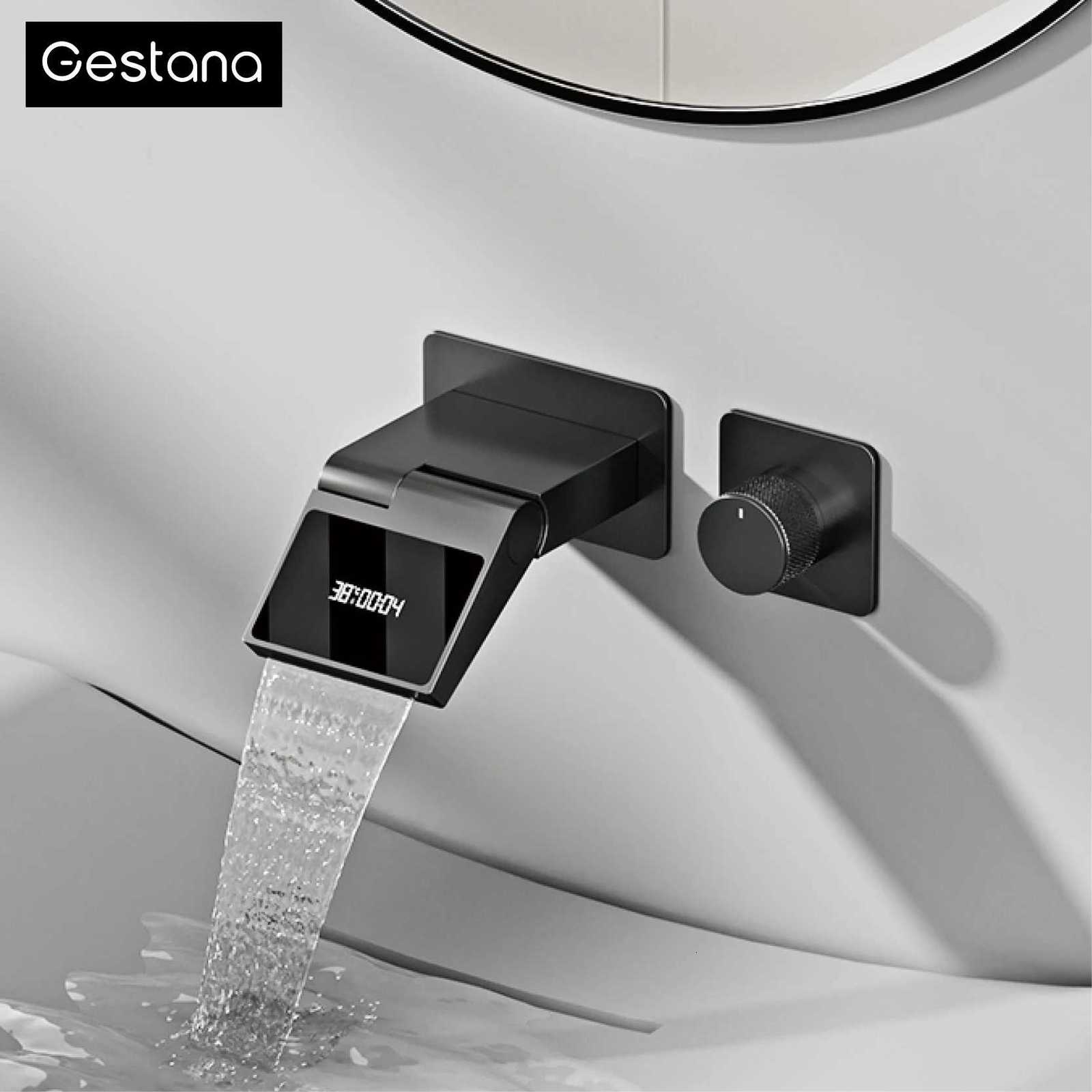 Gun gray brass luxury bathroom faucet with wall mounted design dual hole hot and cold water LED digital display basin MIxer M251129-image-1086592136