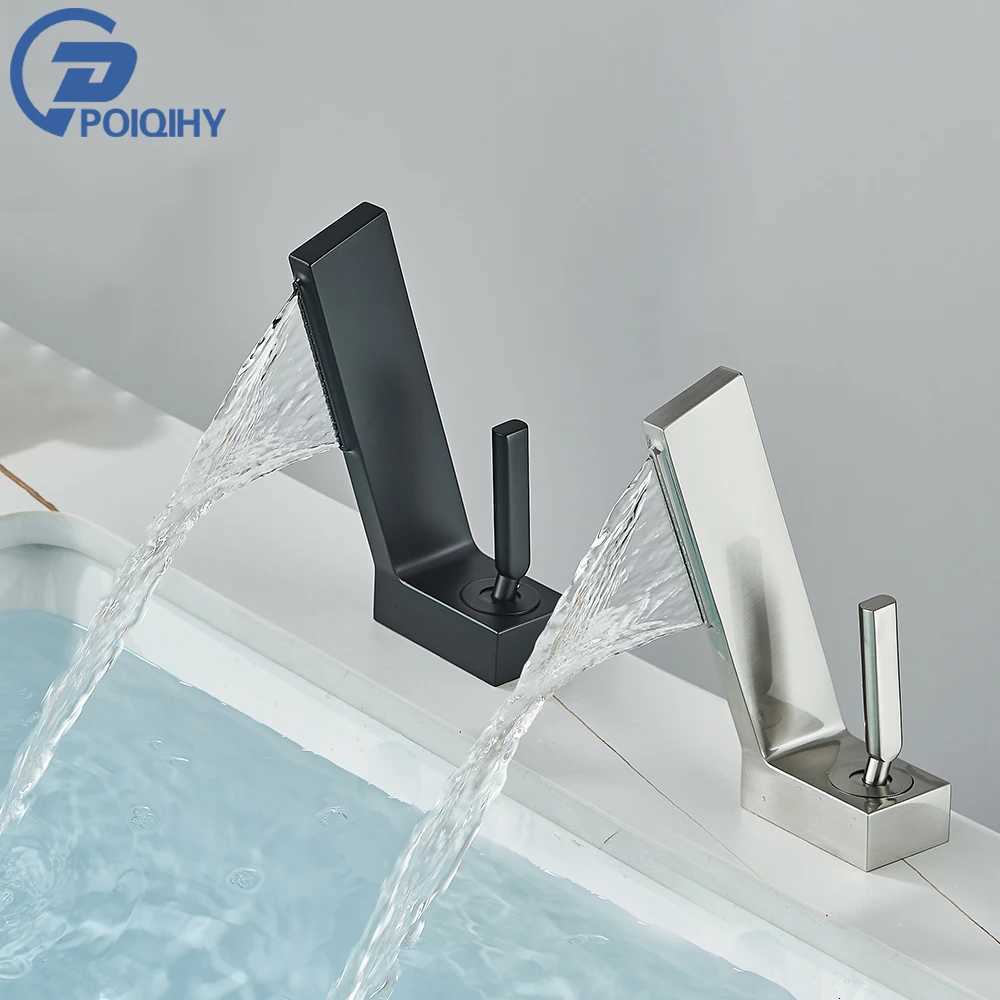 Waterfall Basin Faucet Single Handle Brass Bathroom Mixer Tap Deck Mounted Bathroom Basin Tap One Hole Black Brushed Nickel M251129-image-1086590963