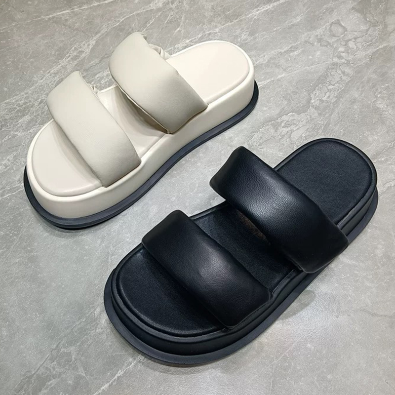 High Quality Fashion Leather Sandals Women's Summer Slides Slippers-image-904889555