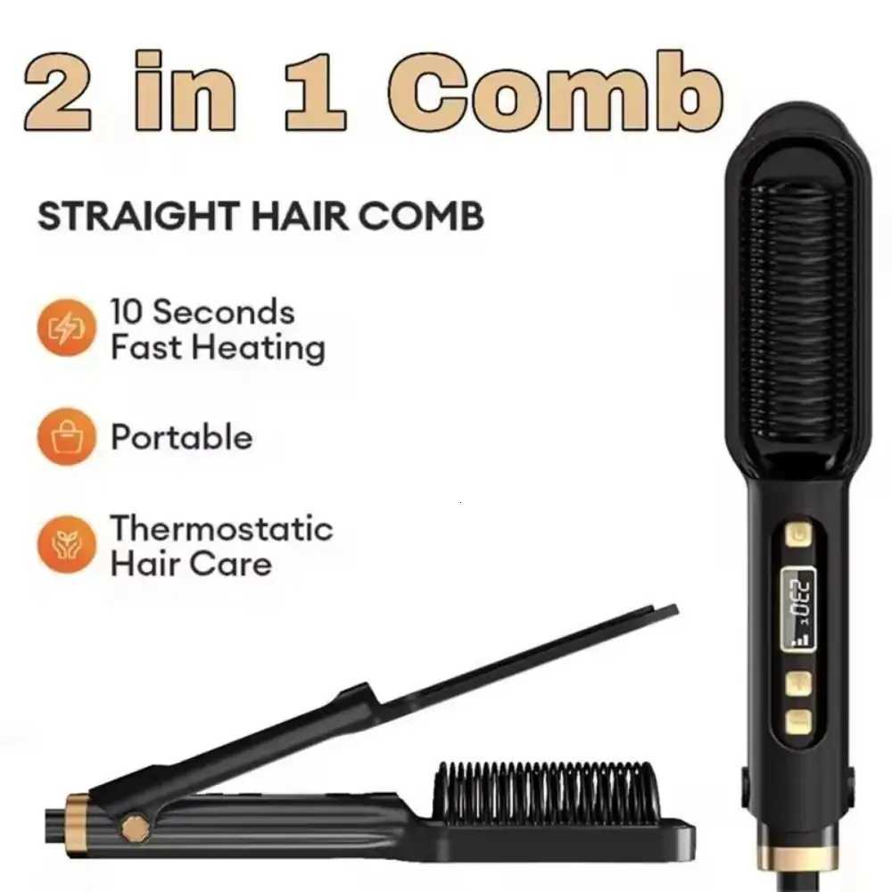 Anti Scald Electric Hair Straightening Comb LED Digital Display Fast Heating Negative Ion Straighten Brush 2 in 1 DetanglingT251129-image-1086577306