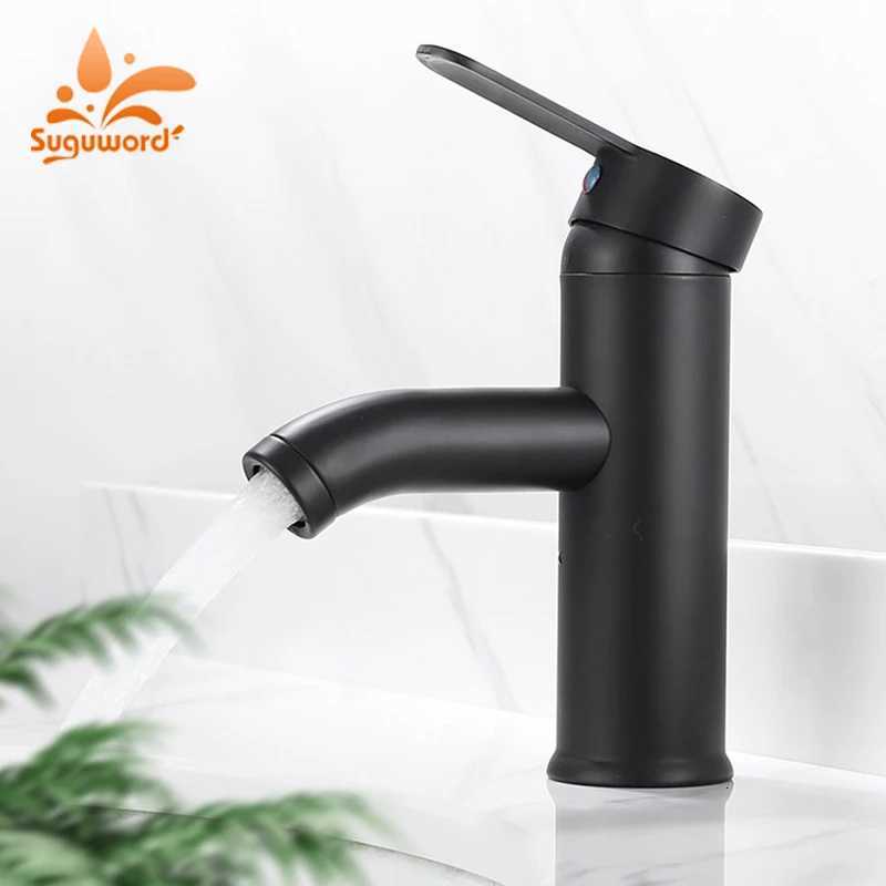 Suguword Matte Black Bathroom Basin Faucet Hot and Cold Water Mixer Tap Deck Mounted Single Hole Nrdic Style M251129-image-1086590878