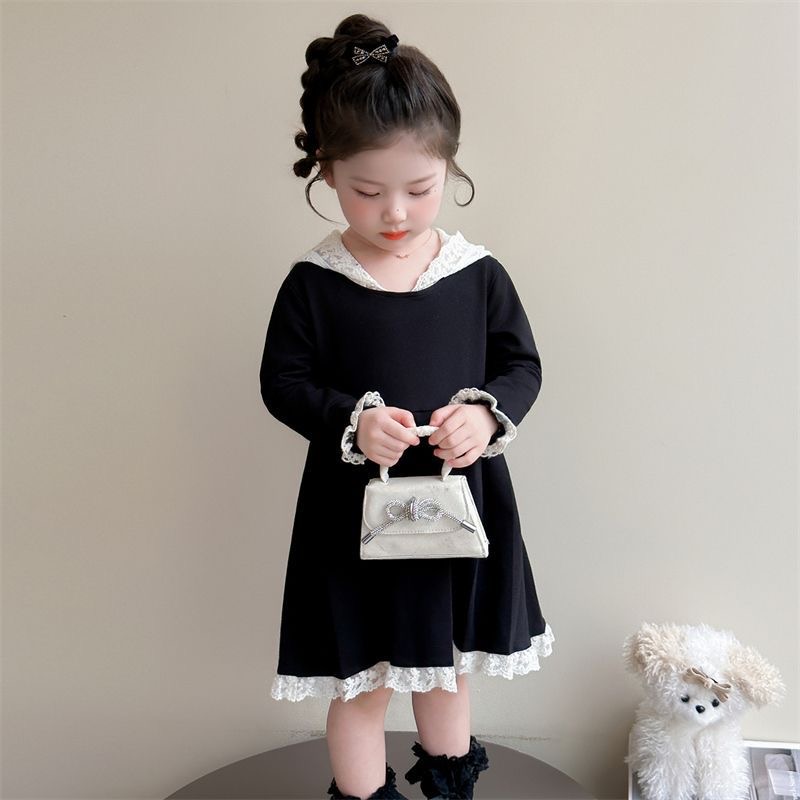 D797 Girls&#039; dress, spring and autumn 2025 new style, fashionable children&#039;s princess dress, baby girl&#039;s autumn dress, black long-s-image-1086525213
