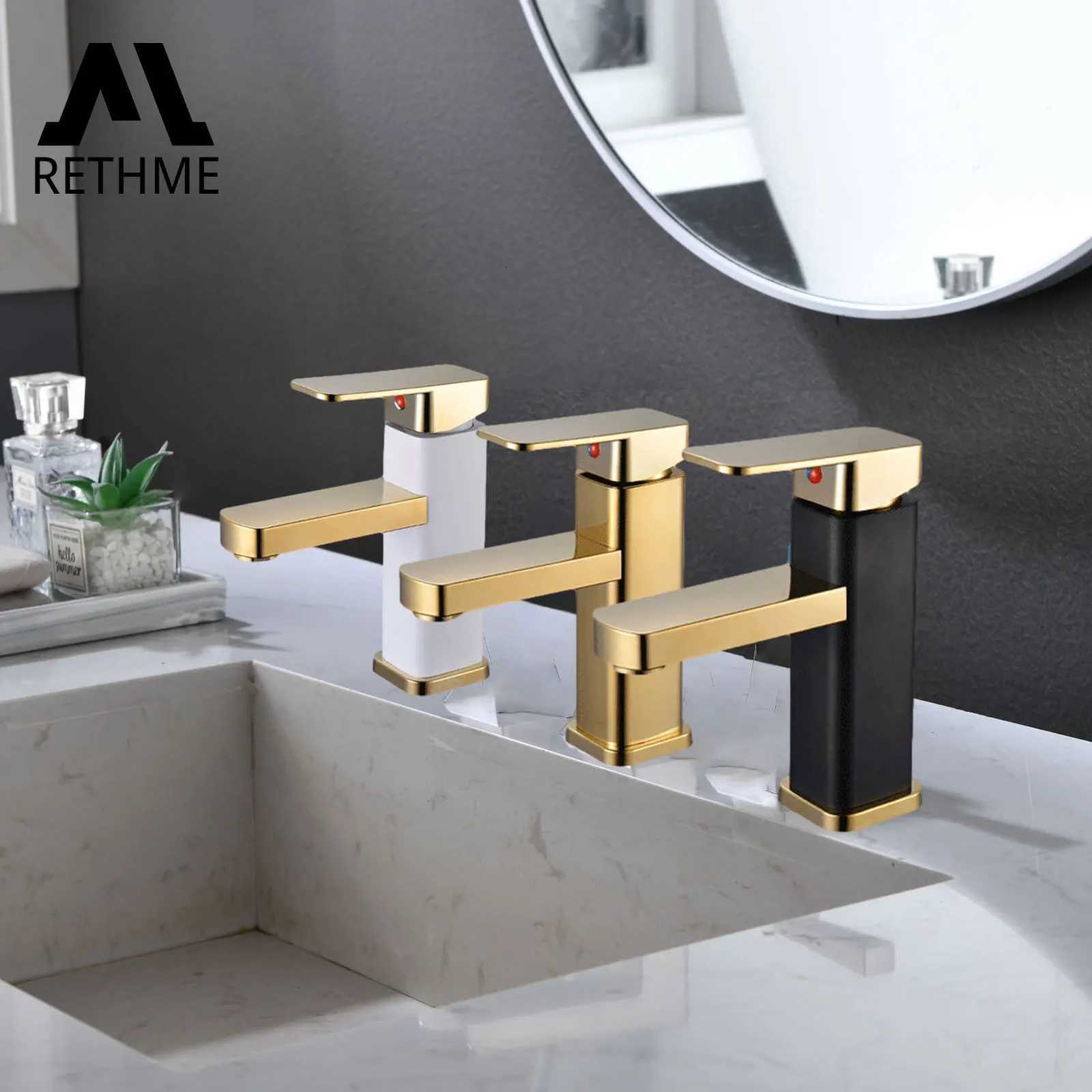 RETHME Gold faucet bathroom faucet metal stainless steel handle hot and cold mixer faucet square faucet beautiful bathroom M251129-image-1086591626