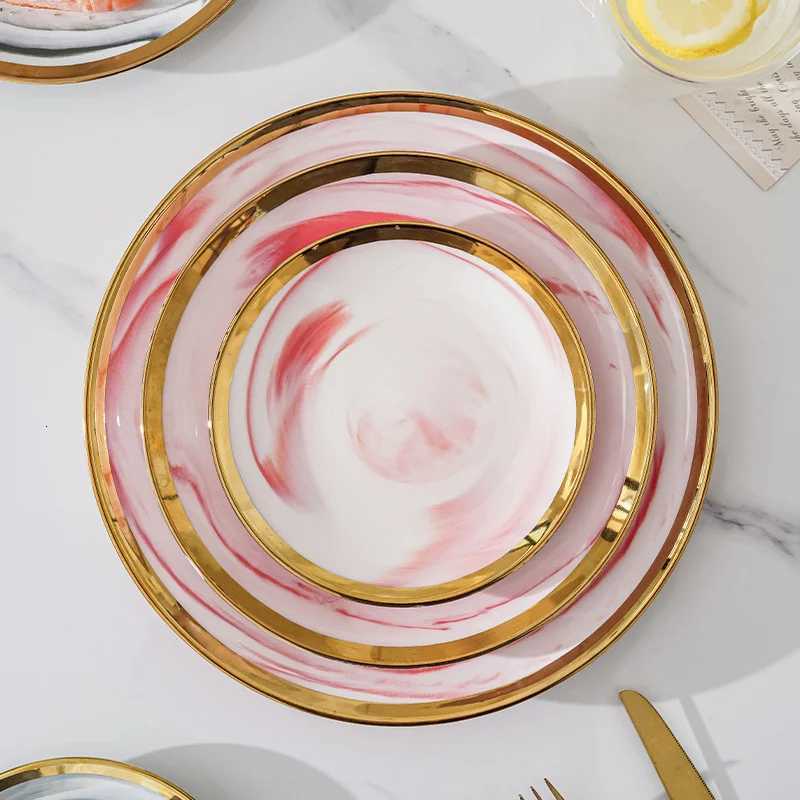 Luxury 6/8/10in Marble Gold Rim Ceramic Plate and Grey Round Western Dinner Tableware He Luxury European Breakfast Plate Y251129-image-1086623512