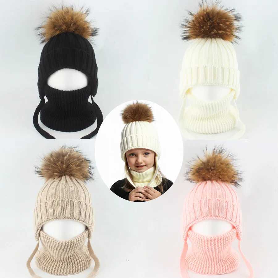2Pcs Winter Baby Hat Scarf Set Genuine Fur Ball Infant Bonnet Knitted Kids Cap Fleece Lining Warm Ears Toddler Beanie Hats 1-6YW251129