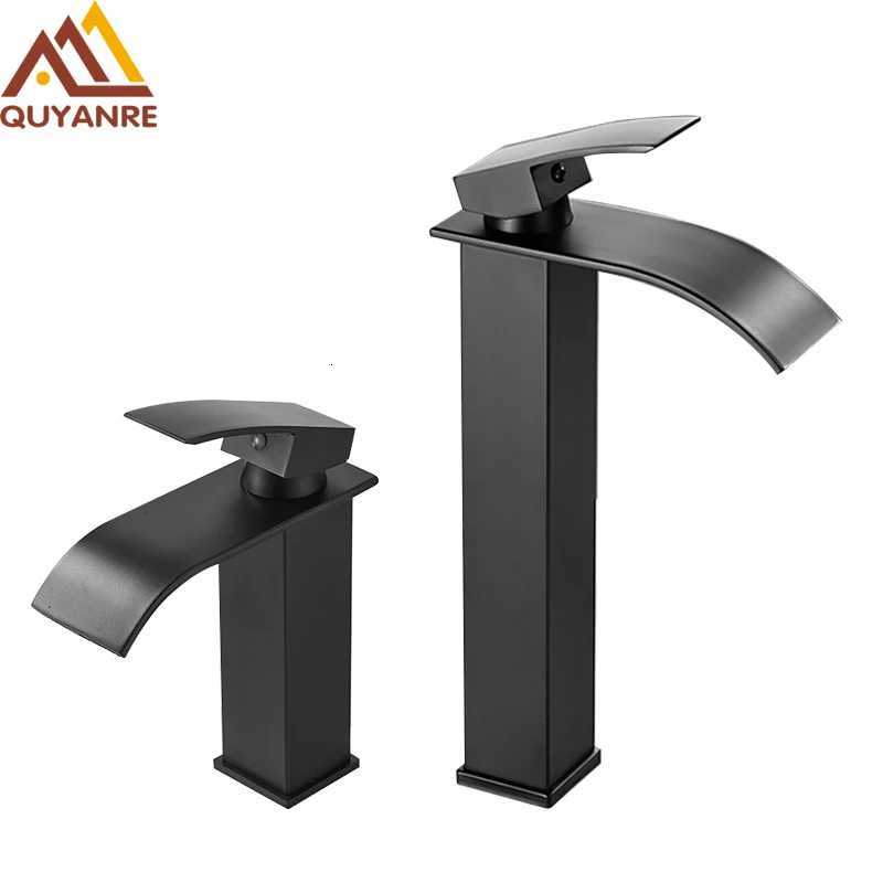 Quyanre Matte Black Waterfall Basin Faucet Single Handle Mixer Hot Cold Water Basin Crane Tap For Bathroom Wash Basin Mixer Tap M251129-image-1086592033
