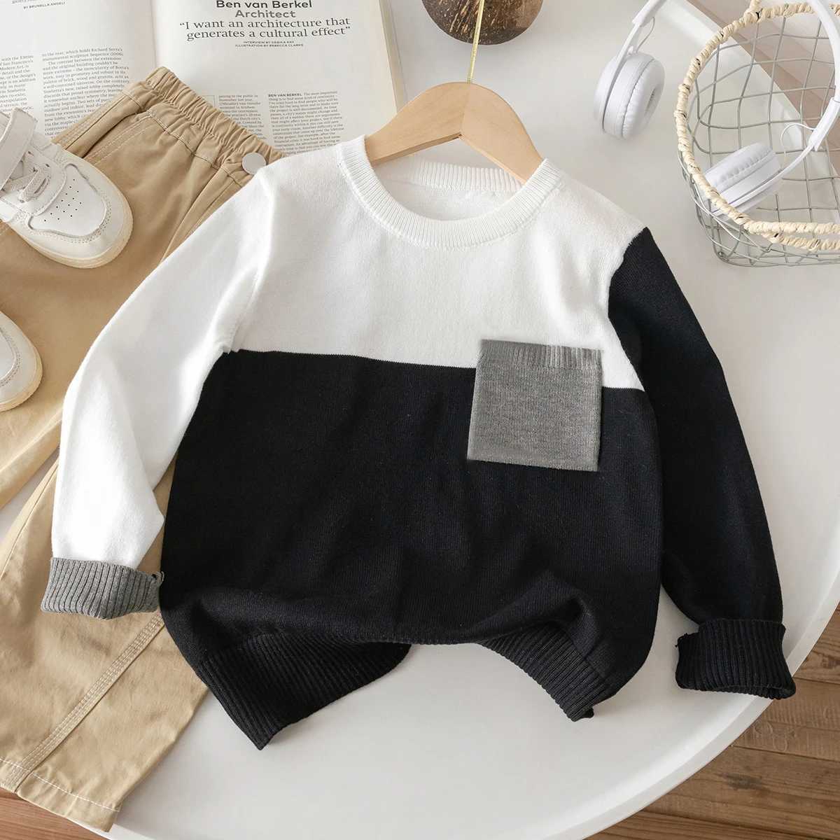 1-piece set for boys with pockets black and white color blocked thin sweater knitted sweater suitable for school dai C251129-image-1086589091
