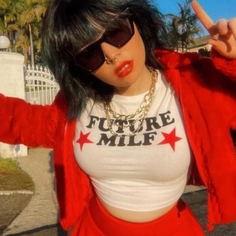 90s Future MILF Star Printed Tshirt Fashion Casual Oneck Short sleeved Crop Top Y2K Summer Sexy Egirl Baby Womens Clothing 250428Z