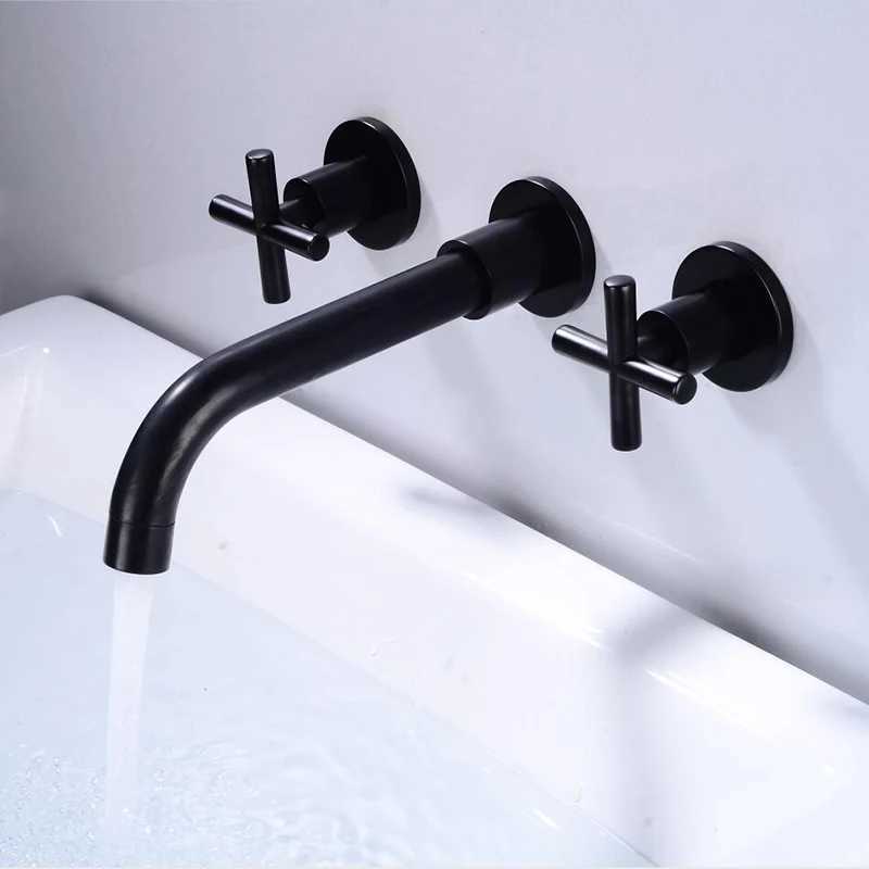 Black Brass Double Handle Wall Mounted Bathroom Sink Mixer Tap Hot Cold Chrome Finish Faucet with White/Polished Gold Options M251129-image-1086591863