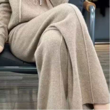Pantalon en laine tricoté pour femmes, couleur unie, jambes larges, automne hiver, basique, doux et chaud, en tricot de cachemire, décontracté, s