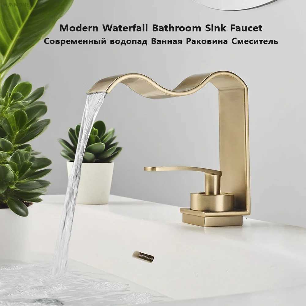 Luxury Brushed Gold Bathroom Sink Faucet Deck Mounted Hot Cold Brass Mixer Waterfall Basin Faucets Lavatory Washbasin Water Tap M251129-image-1086592082