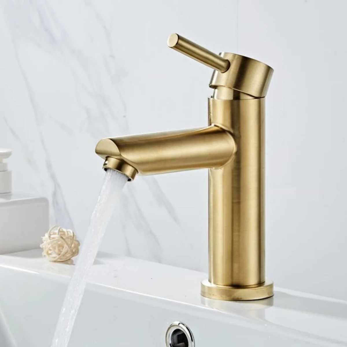 Bathroom Faucet Solid Brass Bathroom Basin Faucet Cold And Hot Water Mixer Sink Tap Single Handle Deck Mounted Brushed Gold Tap M251129-image-1086590785