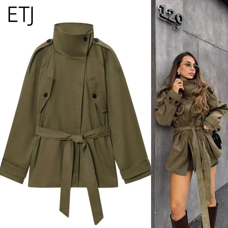 ETJs autumn womens wear green workwear style stand-up collar with belt loose windbreaker casual jacket 251125BJ