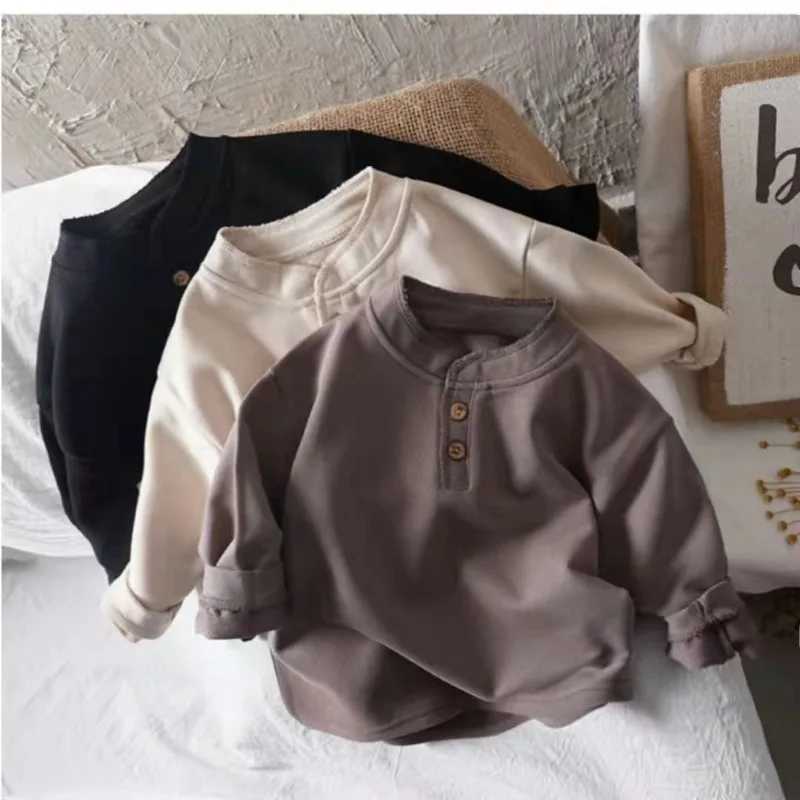 Spring Autumn New Style Childrens Boys Tops Retro Soft Cotton Solid Color Tops Boys T-shirt Girls T-shirts Kids Clothing C251129-image-1086588930