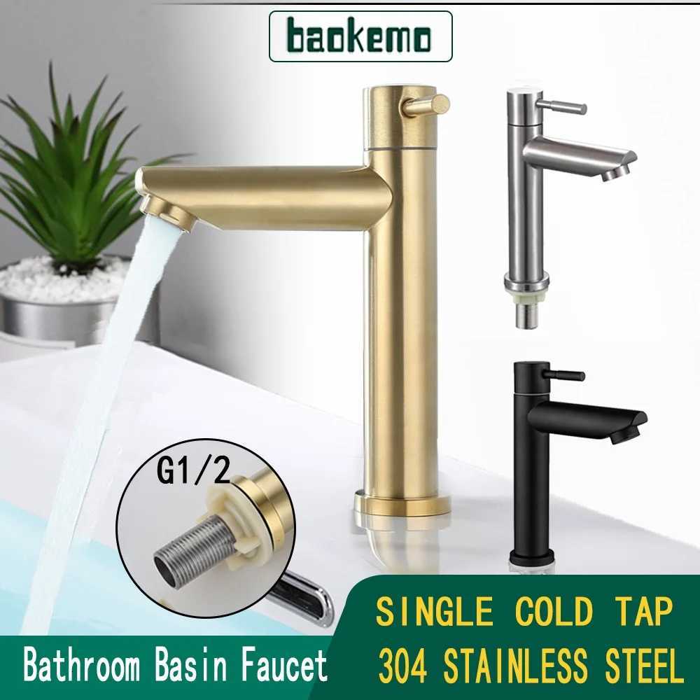 BAOKEMO Basin Faucet 1/2Inch 304 Stainless Steel Single Cold Water Tap Gold Black Silver Color Deck Mounted Basin Sink Faucet M251129-image-1086591284