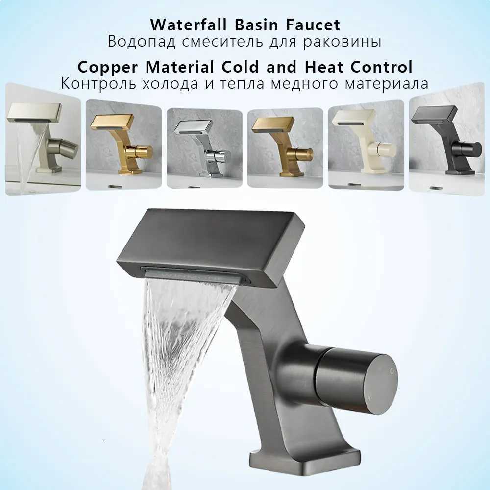 Matte Gray Bathroom Sink Faucet New Design Waterfall Basin Faucets Washbasin Hot Cold Brass Mixer Vanity Single Hole Water Taps M251129-image-1086591077