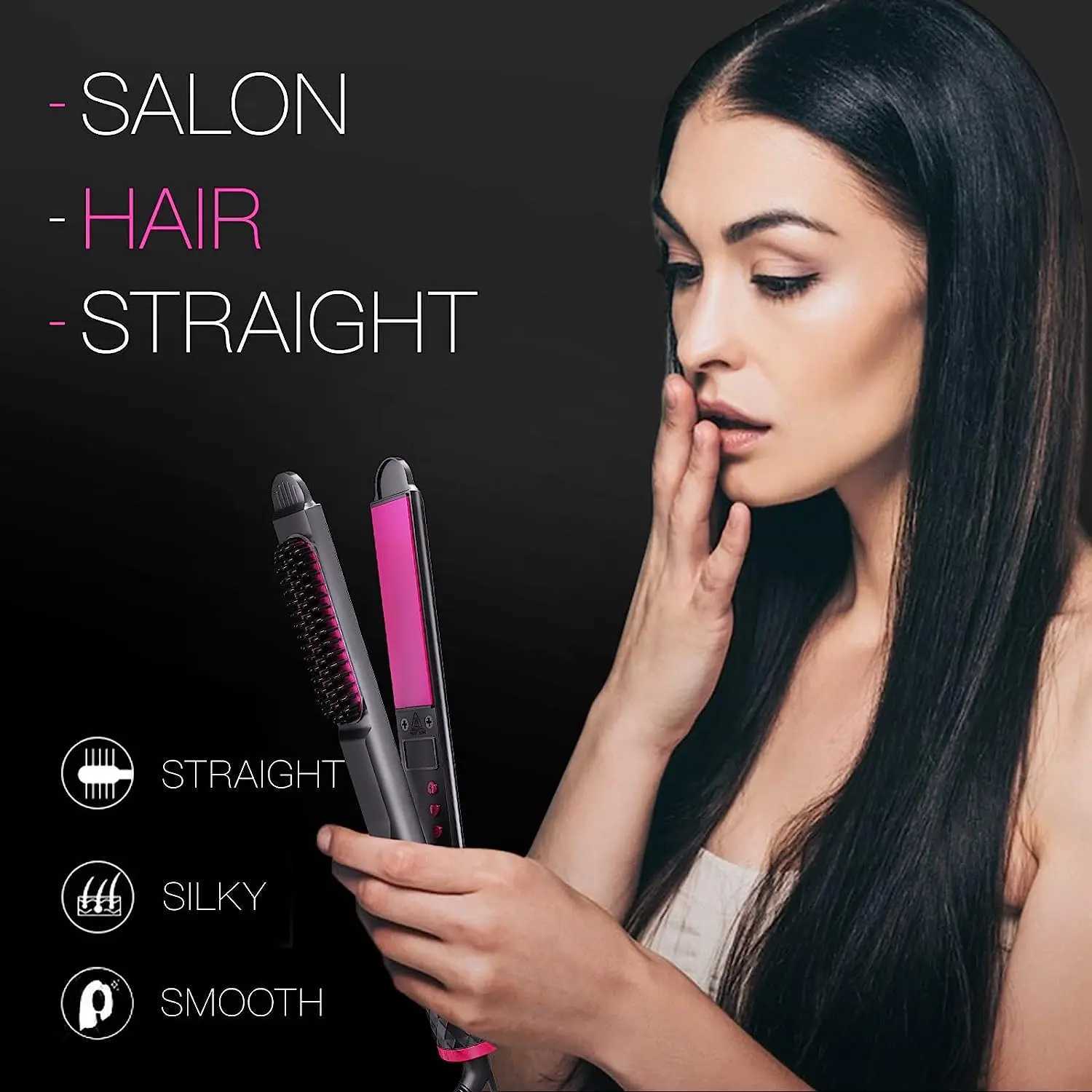 Womens 3-in-1 Hair Straightener Curling Flat Iron Electric Hot Comb Ceramic Ionic Fast Heating Hair BrushT251129-image-1086579612