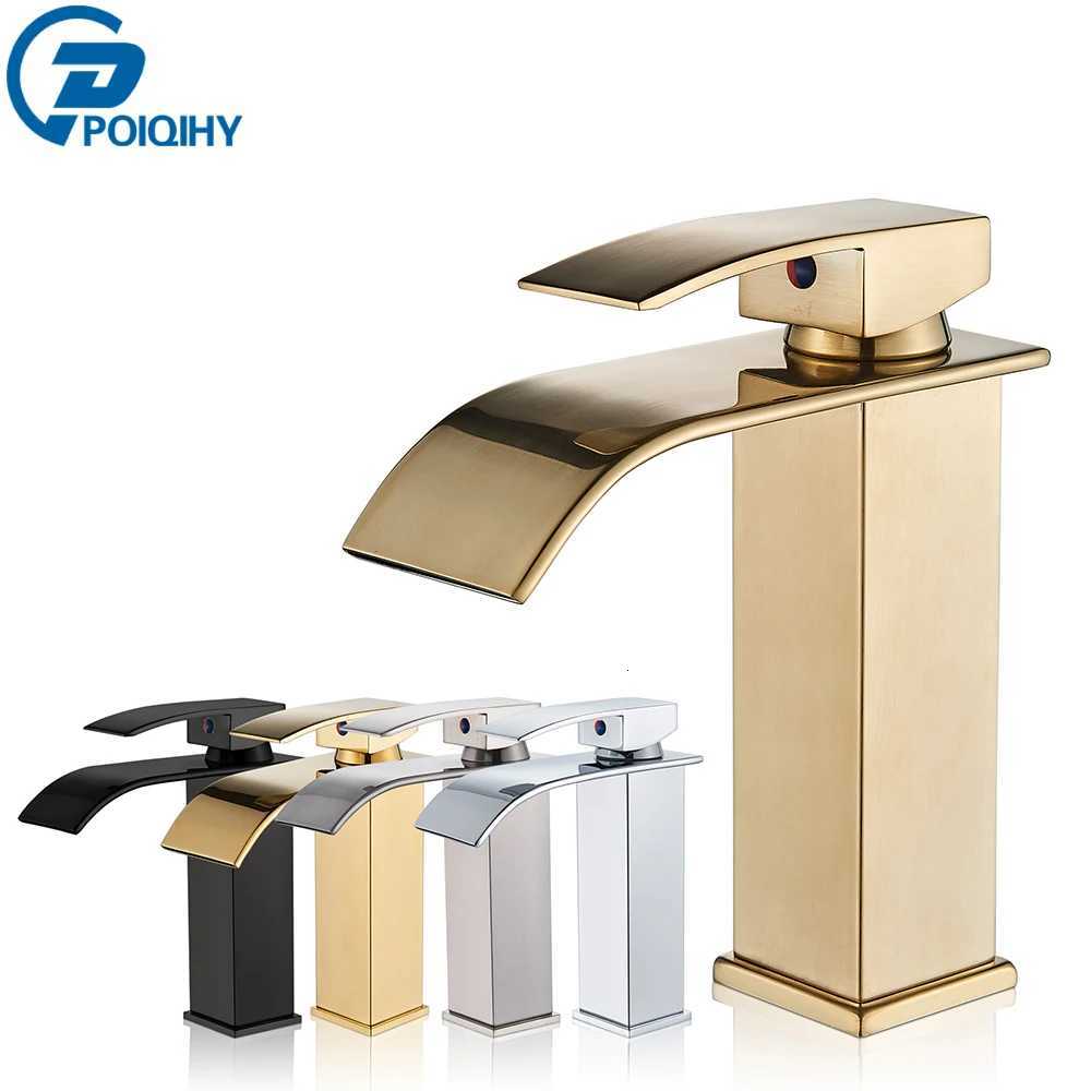 POIQIHY Brushed Gold Basin Faucet Deck Mount Waterfall Mixer Water Single Handle Bathroom Cold Hot Faucet One Hole Washbasin Tap M251129-image-1086591236