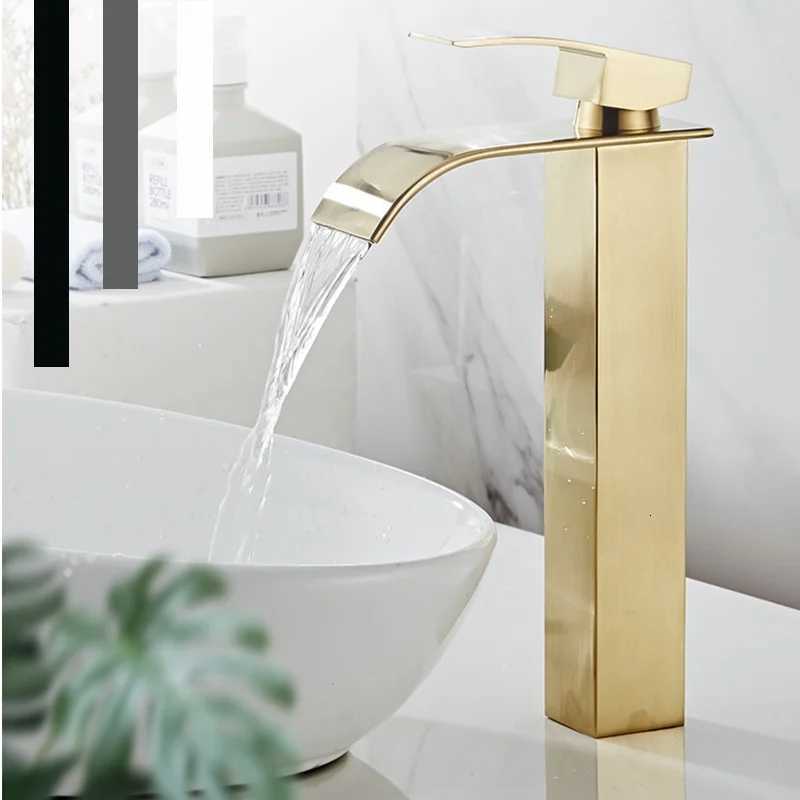 Brushed Gold Tall Bathroom Sink Faucet Waterfall Bathroom Faucet for Vessel Sinks Single Handle Bathroom Vanity Faucet M251129-image-1086591517