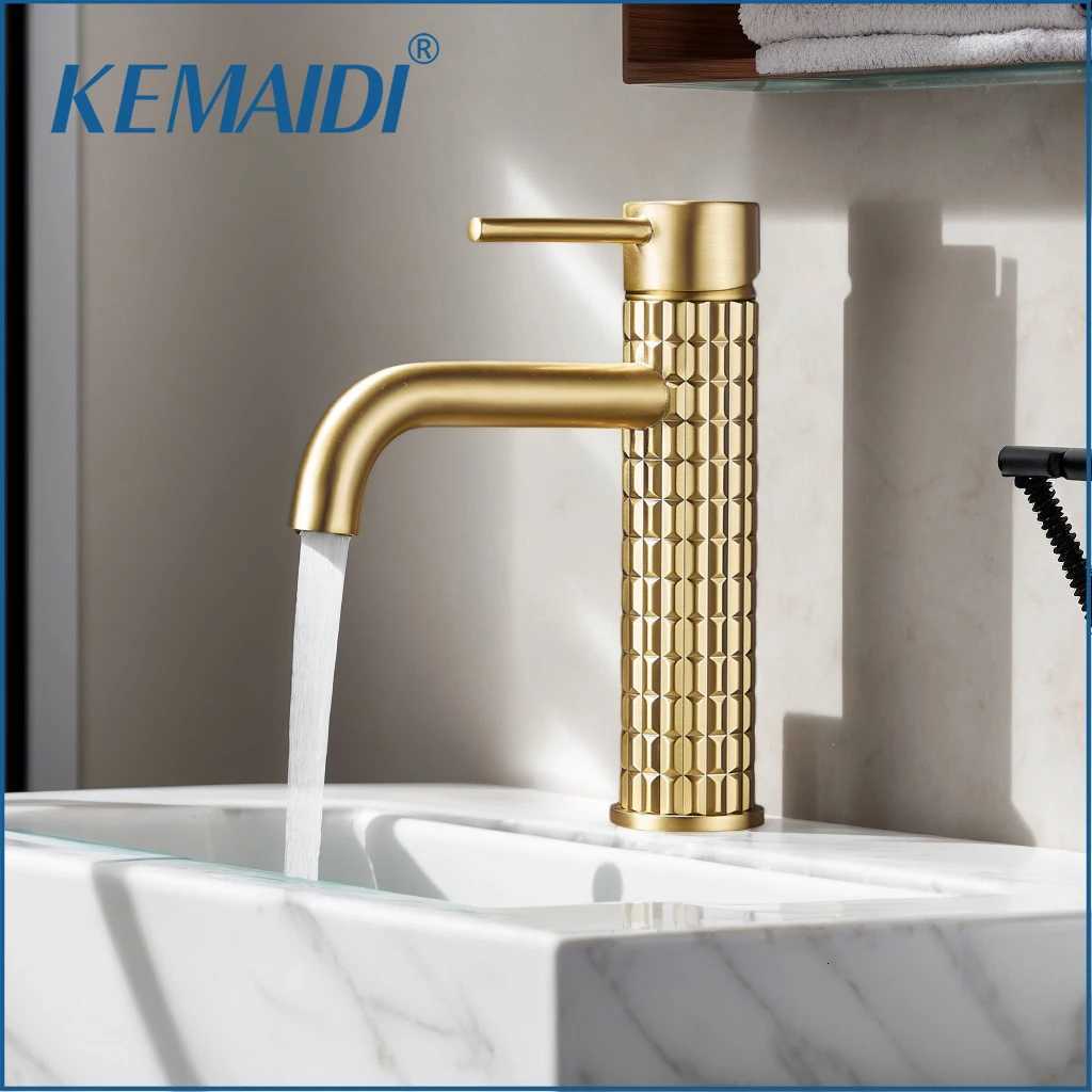 KEMAIDI Luxury Brushed Gold Bathroom Faucet Single Handle Cold Hot Water Basin Mixer Tap with Textured Design Deck Mounted M251129-image-1086589985
