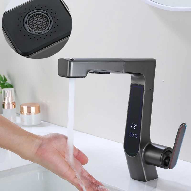 Digital gun gray bathroom faucet pull-out design single handle cold and hot dual control 2-function basin faucet M251129-image-1086589703