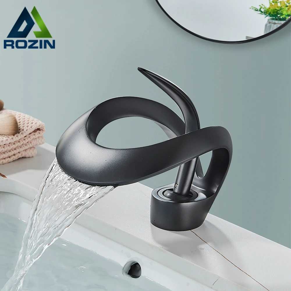 Rozin Luxury Black Basin Faucet Grey Bathroom Waterfall Mixer Tap Brass Deck Mount Modern Style Hot Cold Water Sink Mixer Crane M251129-image-1086592219