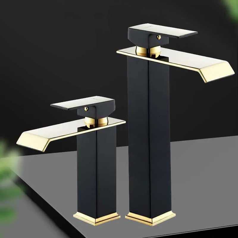Basin Faucet Gold and Black Waterfall Faucet Brass Bathroom Wash Basin Mixer Tap Hot and Cold Water Vanity Vessel Sink Faucets M251129-image-1086591650