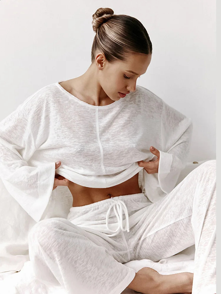 Womens cotton pajamas sexy white fashionable long sleeved pants pajamas two pieces of summer womens thin home clothing pajamas 250427Z