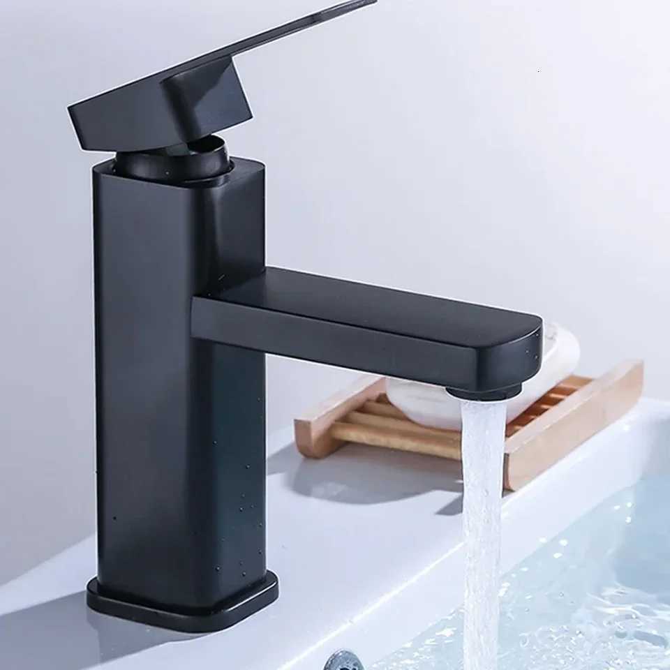 Black Bathroom Faucet Hot Cold Water Sink Mixer Tap Stainless Steel Paint Square Basin Faucets Single Hole Tapware Deck-mounted M251129-image-1086591583