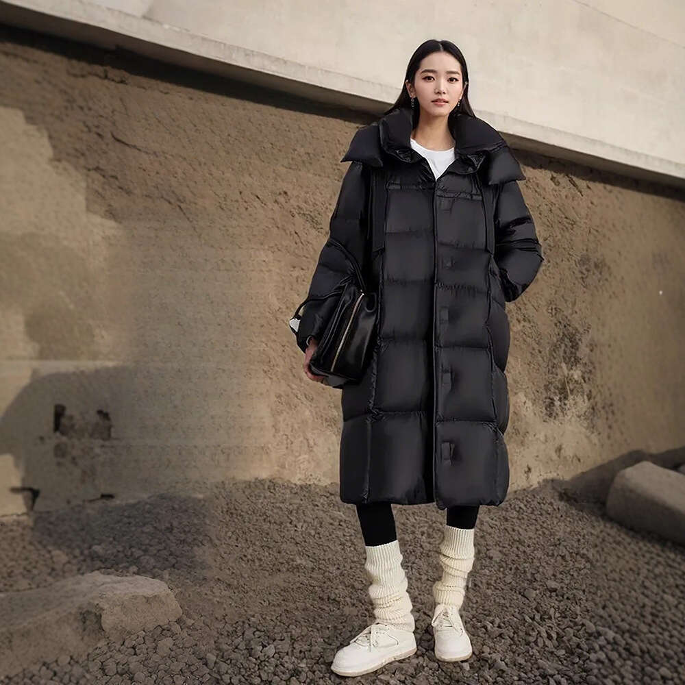 Ribbon Extended Style High End Thick Loose Fit Plus Size Over The Knee Long Sleeve Coat White Duck Down Jacket Luxury Designer