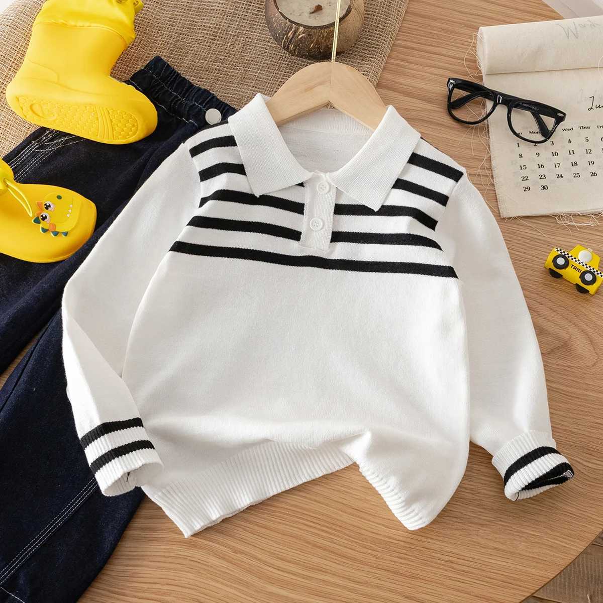 1-piece set of boys and boys college style lapel striped thin sweater knitted sweater suitable for school daily leisure in aut C251129-image-1086589809