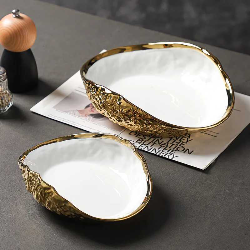 Luxury Shell-shaped Plate with Rock Pattern Household Gold-plated Ceramic Steamed Fish Soup Plate Hotel Fruit Salad Dessert Tableware Y251129-image-1086623453