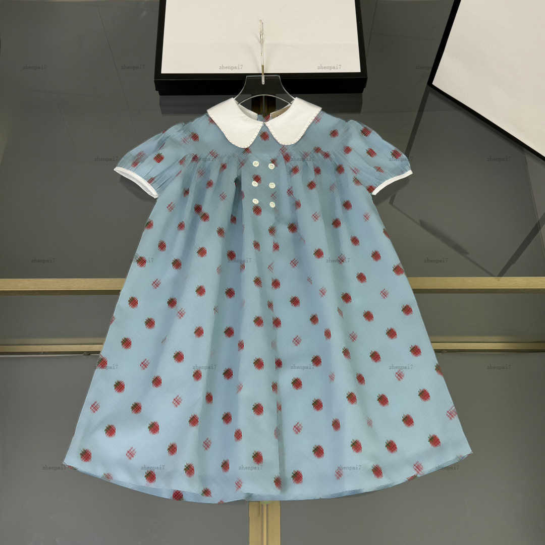 Top Doll collar girls dress Strawberry pattern print Princess dress kids designer clothes Summer baby skirt A014X01N009-image-1055624145