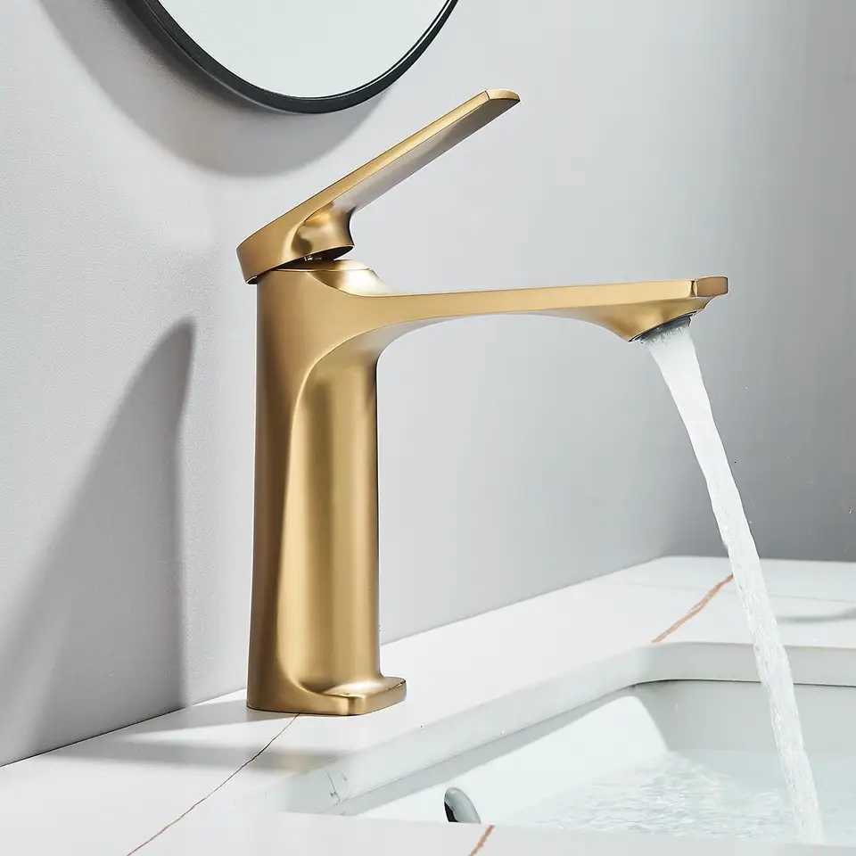 Brushed Gold Brass Bathroom Sink Faucet Brass Single Handle Deck Mounted Wash Basin Water Tap Hot And Cold Mixer Tap with hose M251129-image-1086590026