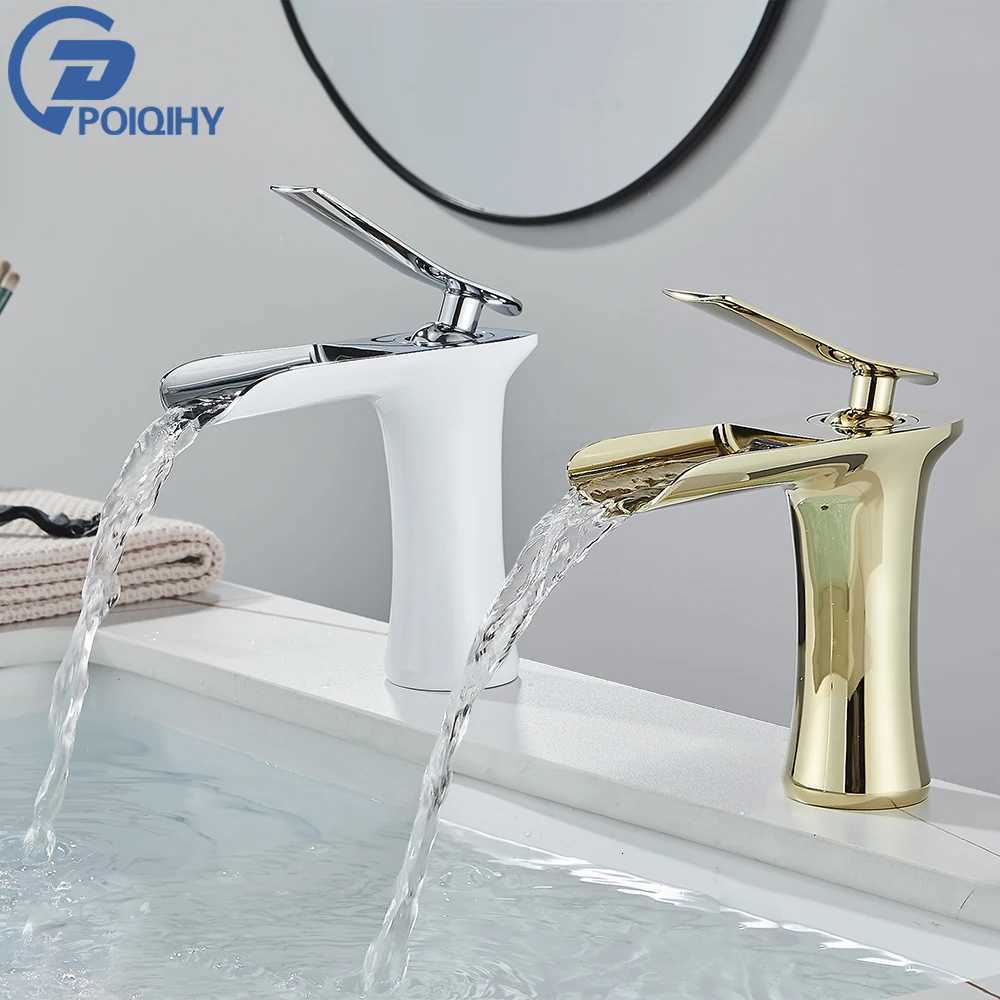 White Basin Faucet Waterfall Spout Bathroom Mixer Tap Deck Mounted Brass Bathroom Sink Faucet Single Handle Hot Cold Water M251129-image-1086591804
